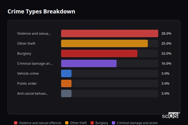 Crime Types Breakdown - Woodgreen Crime Types Breakdown for Woodgreen - showing Violence and sexual offences (28%), Other theft (25%), Burglary (22%)