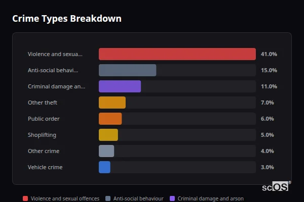 Crime Types Breakdown - New Ollerton and Ollerton Crime Types Breakdown for New Ollerton and Ollerton - showing Violence and sexual offences (41%), Anti-social behaviour (15%), Criminal damage and arson (11%)