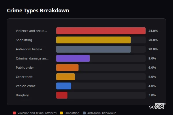 Crime Types Breakdown - Newark-on-Trent Crime Types Breakdown for Newark-on-Trent - showing Violence and sexual offences (24%), Shoplifting (20%), Anti-social behaviour (20%)