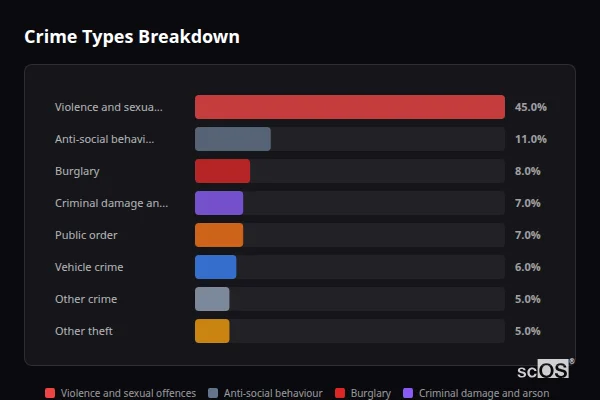 Crime Types Breakdown for Audley - showing Violence and sexual offences (45%), Anti-social behaviour (11%), Burglary (8%)