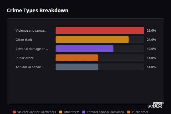 Crime Types Breakdown - Betley Crime Types Breakdown for Betley - showing Violence and sexual offences (29%), Other theft (24%), Criminal damage and arson (19%)