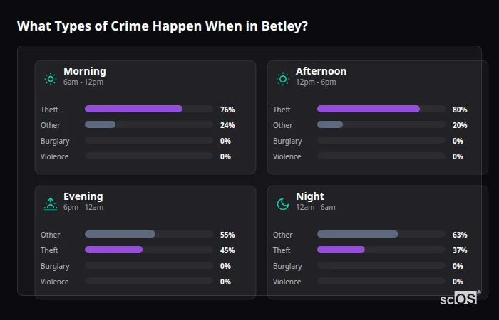 What Types of Crime Happen When in Betley? Crime types by time period for Betley - showing breakdown of burglary, violence, theft, and vehicle crime by morning, afternoon, evening, and night