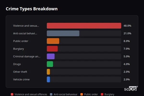 Crime Types Breakdown for Rural Newcastle-under-Lyme - showing Violence and sexual offences (48%), Anti-social behaviour (21%), Public order (8%)