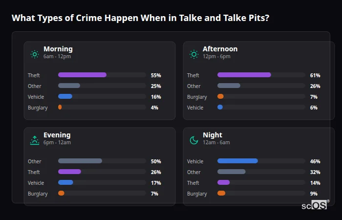 Crime types by time period for Talke and Talke Pits - showing breakdown of burglary, violence, theft, and vehicle crime by morning, afternoon, evening, and night