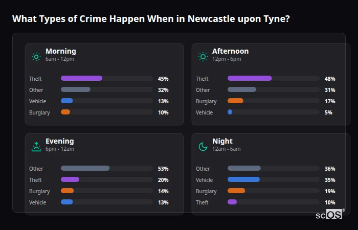Crime types by time period for Newcastle upon Tyne - showing breakdown of burglary, violence, theft, and vehicle crime by morning, afternoon, evening, and night