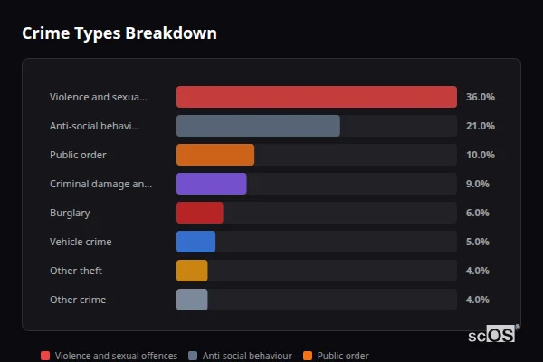 Crime Types Breakdown for Rural Newcastle upon Tyne - showing Violence and sexual offences (36%), Anti-social behaviour (21%), Public order (10%)