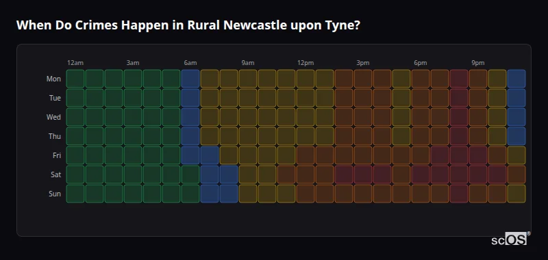 Crime time heatmap for Rural Newcastle upon Tyne - showing when crimes are most likely to occur by day and hour