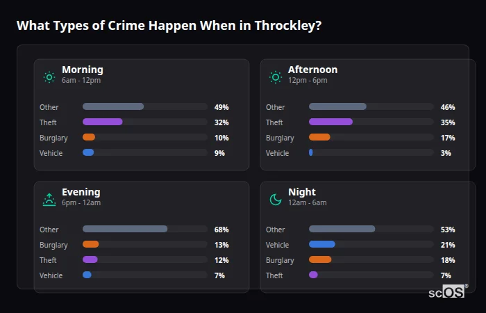 Crime types by time period for Throckley - showing breakdown of burglary, violence, theft, and vehicle crime by morning, afternoon, evening, and night
