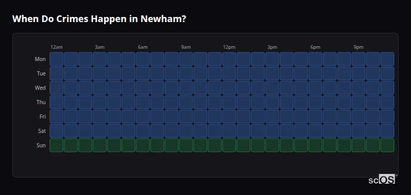 Crime time heatmap for Newham - showing when crimes are most likely to occur by day and hour