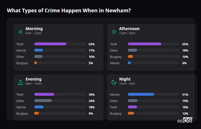Crime types by time period for Newham - showing breakdown of burglary, violence, theft, and vehicle crime by morning, afternoon, evening, and night