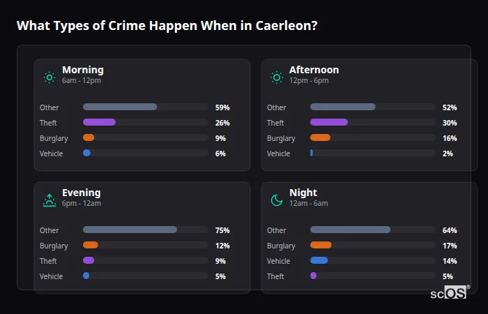 Crime types by time period for Caerleon - showing breakdown of burglary, violence, theft, and vehicle crime by morning, afternoon, evening, and night