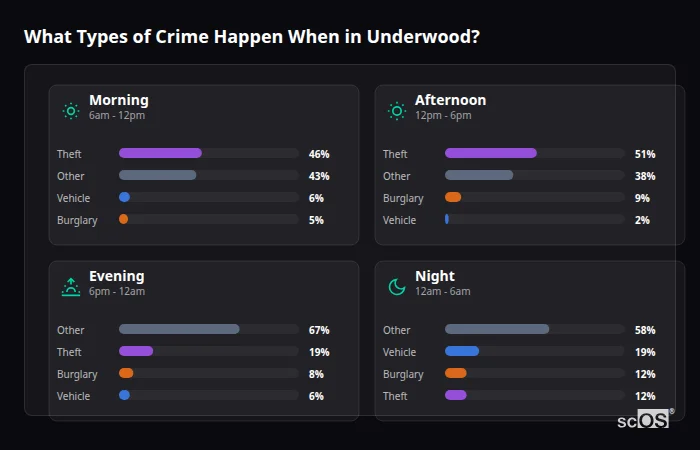 Crime types by time period for Underwood - showing breakdown of burglary, violence, theft, and vehicle crime by morning, afternoon, evening, and night