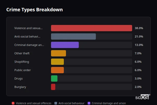 Crime Types Breakdown - Braunton Crime Types Breakdown for Braunton - showing Violence and sexual offences (38%), Anti-social behaviour (21%), Criminal damage and arson (13%)