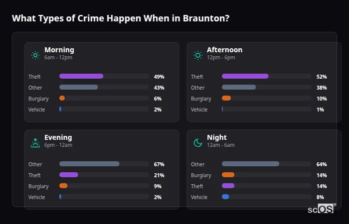 What Types of Crime Happen When in Braunton? Crime types by time period for Braunton - showing breakdown of burglary, violence, theft, and vehicle crime by morning, afternoon, evening, and night