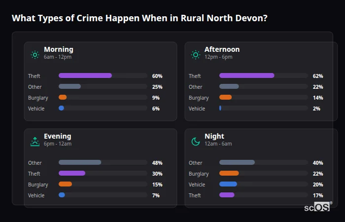 Crime types by time period for Rural North Devon - showing breakdown of burglary, violence, theft, and vehicle crime by morning, afternoon, evening, and night