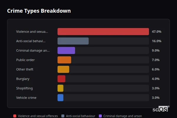 Crime Types Breakdown for South Molton - showing Violence and sexual offences (47%), Anti-social behaviour (16%), Criminal damage and arson (9%)