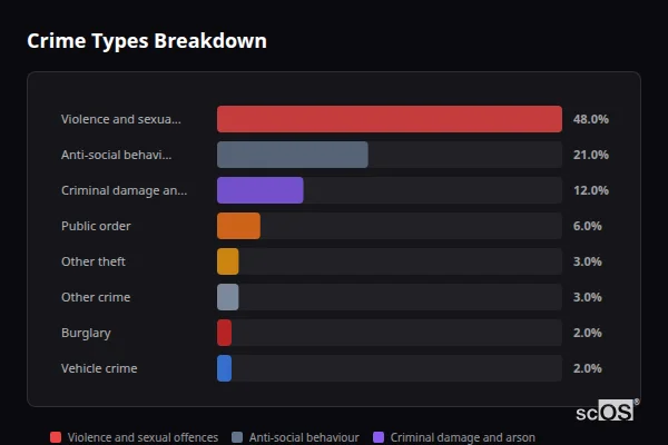 Crime Types Breakdown - Grassmoor Crime Types Breakdown for Grassmoor - showing Violence and sexual offences (48%), Anti-social behaviour (21%), Criminal damage and arson (12%)