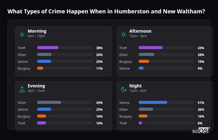 Crime types by time period for Humberston and New Waltham - showing breakdown of burglary, violence, theft, and vehicle crime by morning, afternoon, evening, and night