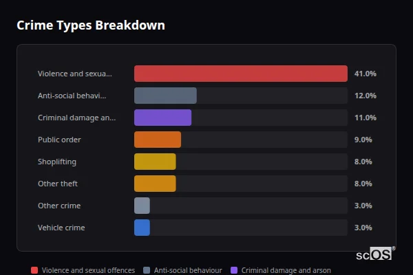 Crime Types Breakdown for Immingham - showing Violence and sexual offences (41%), Anti-social behaviour (12%), Criminal damage and arson (11%)