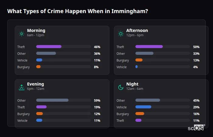 Crime types by time period for Immingham - showing breakdown of burglary, violence, theft, and vehicle crime by morning, afternoon, evening, and night