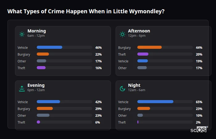 Crime types by time period for Little Wymondley - showing breakdown of burglary, violence, theft, and vehicle crime by morning, afternoon, evening, and night