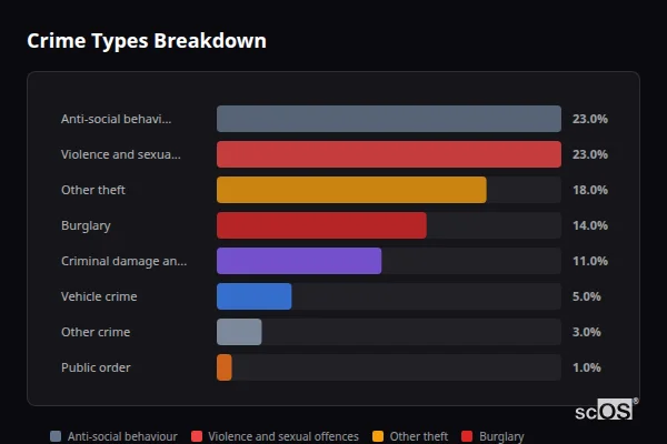Crime Types Breakdown - Reed Crime Types Breakdown for Reed - showing Anti-social behaviour (23%), Violence and sexual offences (23%), Other theft (18%)