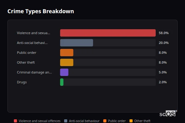 Crime Types Breakdown - Bassingham Crime Types Breakdown for Bassingham - showing Violence and sexual offences (58%), Anti-social behaviour (20%), Public order (8%)