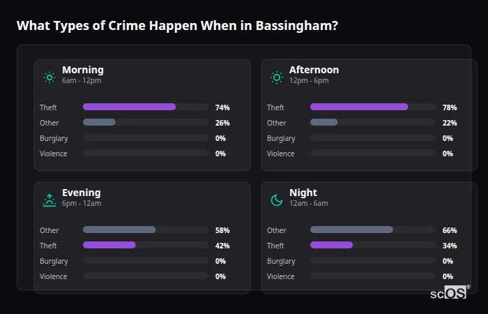 What Types of Crime Happen When in Bassingham? Crime types by time period for Bassingham - showing breakdown of burglary, violence, theft, and vehicle crime by morning, afternoon, evening, and night