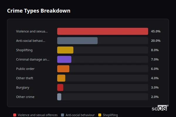 Crime Types Breakdown for Branston - showing Violence and sexual offences (45%), Anti-social behaviour (20%), Shoplifting (8%)