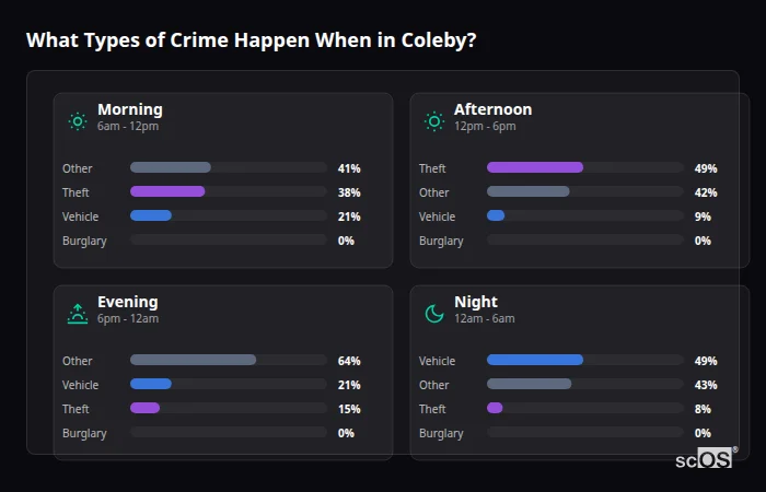 Crime types by time period for Coleby - showing breakdown of burglary, violence, theft, and vehicle crime by morning, afternoon, evening, and night