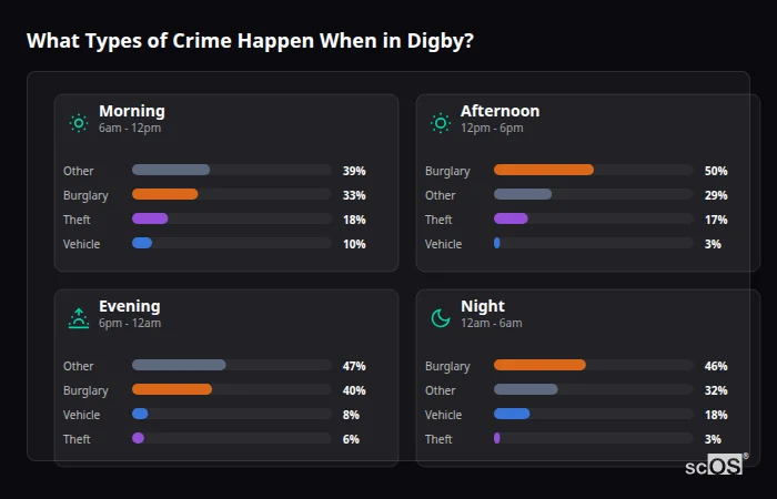 Crime types by time period for Digby - showing breakdown of burglary, violence, theft, and vehicle crime by morning, afternoon, evening, and night