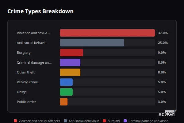 Crime Types Breakdown for Dunston - showing Violence and sexual offences (37%), Anti-social behaviour (25%), Burglary (9%)
