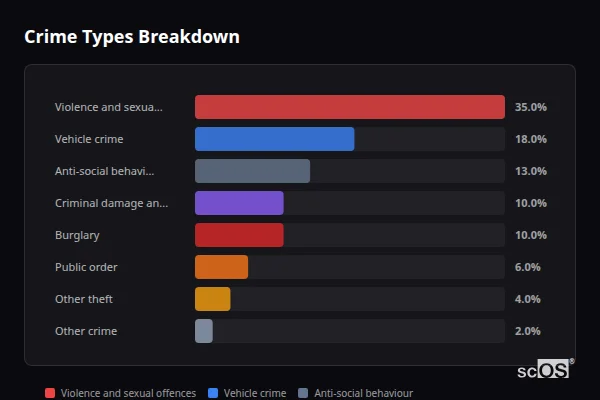 Crime Types Breakdown for Leasingham - showing Violence and sexual offences (35%), Vehicle crime (18%), Anti-social behaviour (13%)