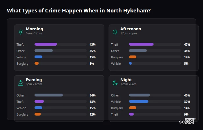 Crime types by time period for North Hykeham - showing breakdown of burglary, violence, theft, and vehicle crime by morning, afternoon, evening, and night