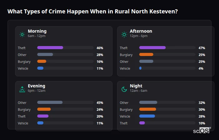 Crime types by time period for Rural North Kesteven - showing breakdown of burglary, violence, theft, and vehicle crime by morning, afternoon, evening, and night
