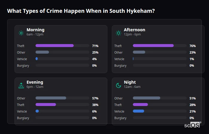 Crime types by time period for South Hykeham - showing breakdown of burglary, violence, theft, and vehicle crime by morning, afternoon, evening, and night