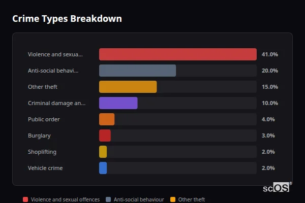 Crime Types Breakdown for Witham St Hughs - showing Violence and sexual offences (41%), Anti-social behaviour (20%), Other theft (15%)
