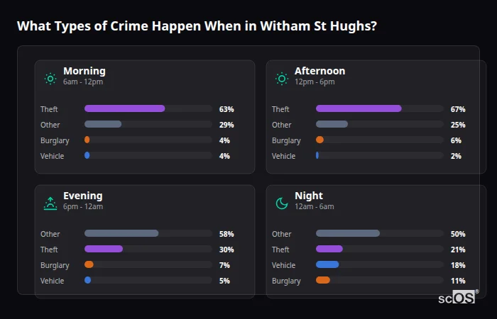 Crime types by time period for Witham St Hughs - showing breakdown of burglary, violence, theft, and vehicle crime by morning, afternoon, evening, and night