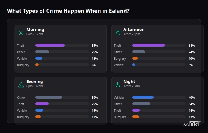 What Types of Crime Happen When in Ealand? Crime types by time period for Ealand - showing breakdown of burglary, violence, theft, and vehicle crime by morning, afternoon, evening, and night