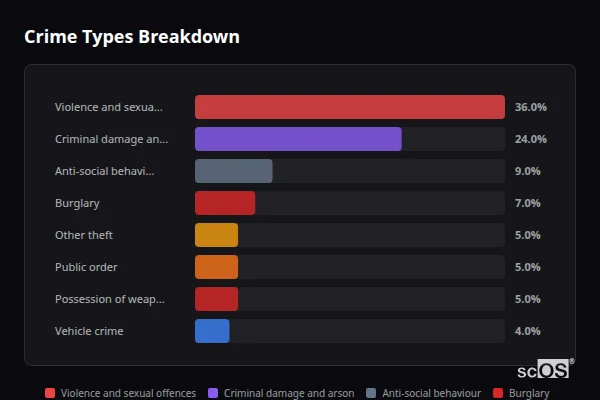 Crime Types Breakdown - Haxey Crime Types Breakdown for Haxey - showing Violence and sexual offences (36%), Criminal damage and arson (24%), Anti-social behaviour (9%)