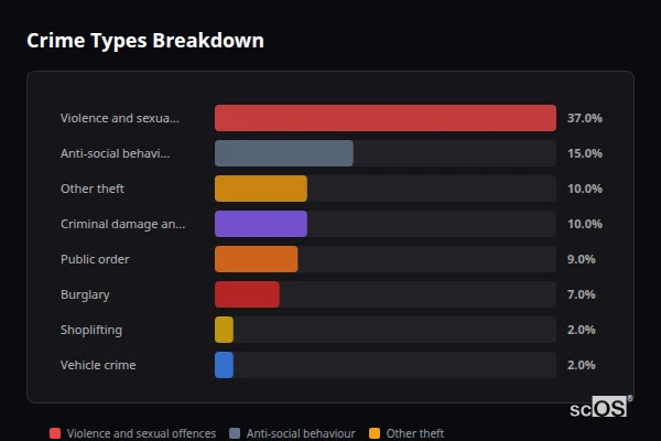Crime Types Breakdown for Hibaldstow - showing Violence and sexual offences (37%), Anti-social behaviour (15%), Other theft (10%)