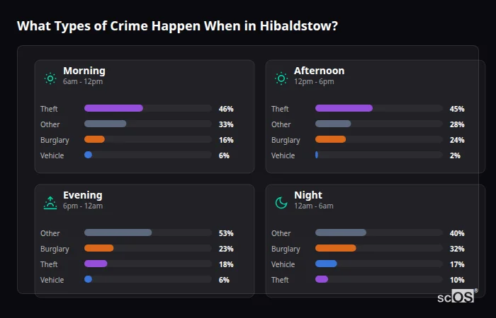 Crime types by time period for Hibaldstow - showing breakdown of burglary, violence, theft, and vehicle crime by morning, afternoon, evening, and night