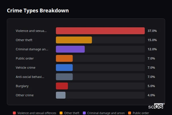 Crime Types Breakdown for Messingham - showing Violence and sexual offences (37%), Other theft (15%), Criminal damage and arson (12%)