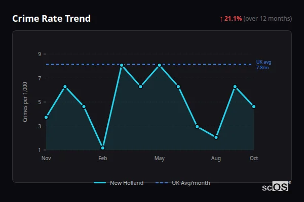 Crime Rate Trend - New Holland Crime Rate Trend for New Holland - showing 21.1% increase over 12 months