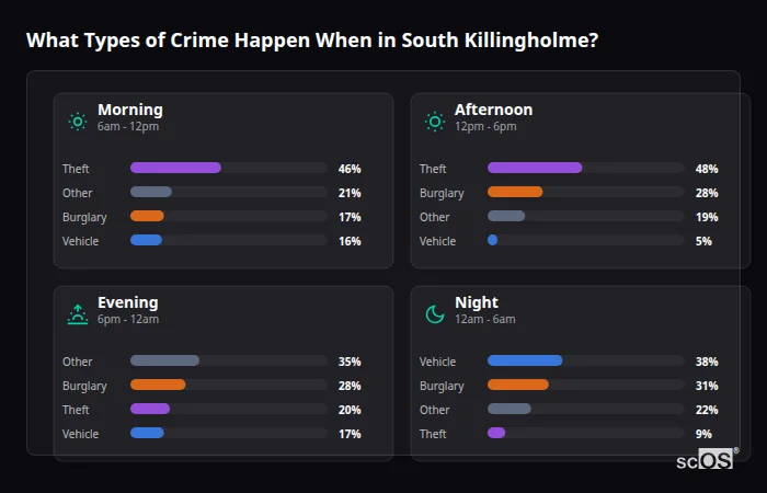 Crime types by time period for South Killingholme - showing breakdown of burglary, violence, theft, and vehicle crime by morning, afternoon, evening, and night