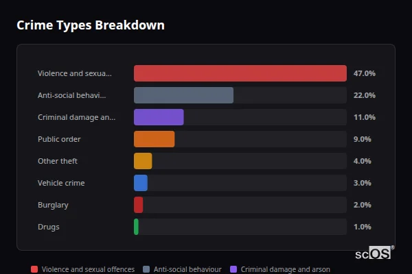 Crime Types Breakdown for Winterton - showing Violence and sexual offences (47%), Anti-social behaviour (22%), Criminal damage and arson (11%)