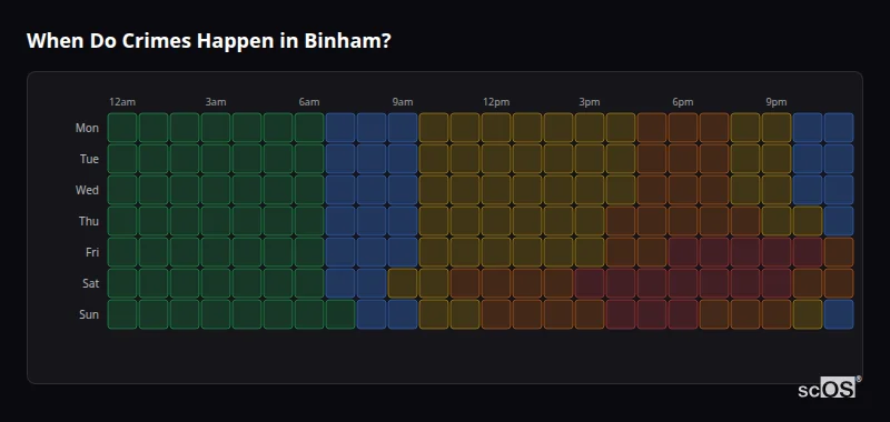 When Do Crimes Happen in Binham? Crime time heatmap for Binham - showing when crimes are most likely to occur by day and hour