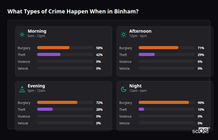 What Types of Crime Happen When in Binham? Crime types by time period for Binham - showing breakdown of burglary, violence, theft, and vehicle crime by morning, afternoon, evening, and night