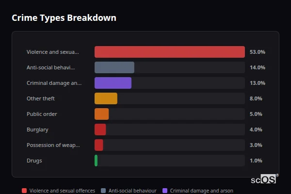 Crime Types Breakdown - Briston Crime Types Breakdown for Briston - showing Violence and sexual offences (53%), Anti-social behaviour (14%), Criminal damage and arson (13%)
