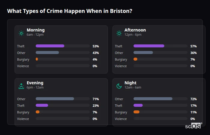 What Types of Crime Happen When in Briston? Crime types by time period for Briston - showing breakdown of burglary, violence, theft, and vehicle crime by morning, afternoon, evening, and night